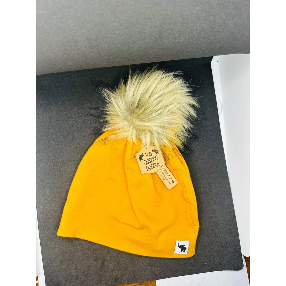 The Giggling Peanut Mustard Yellow‎ Beanie Faux Fur Pom Pom Toddler Child NWT